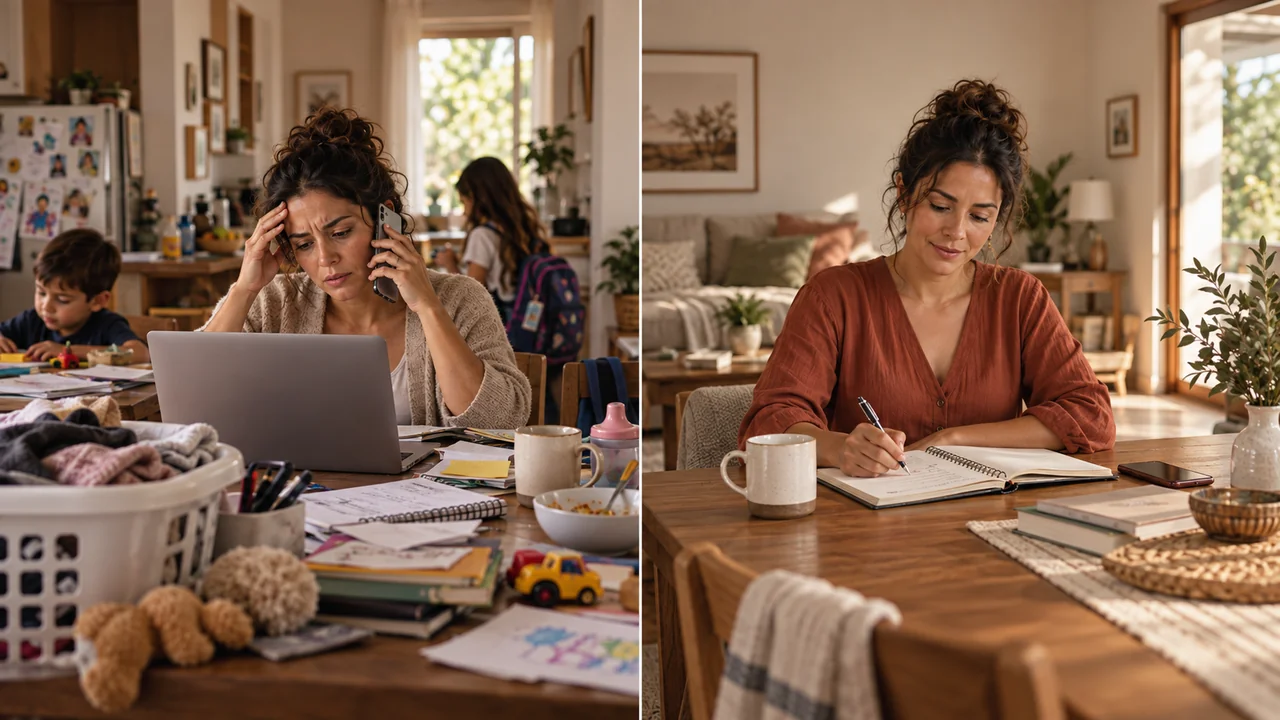 La misma mujer en dos momentos cotidianos: a la izquierda atiende varias demandas del hogar a la vez; a la derecha se toma un momento para escribir y ordenar sus ideas.