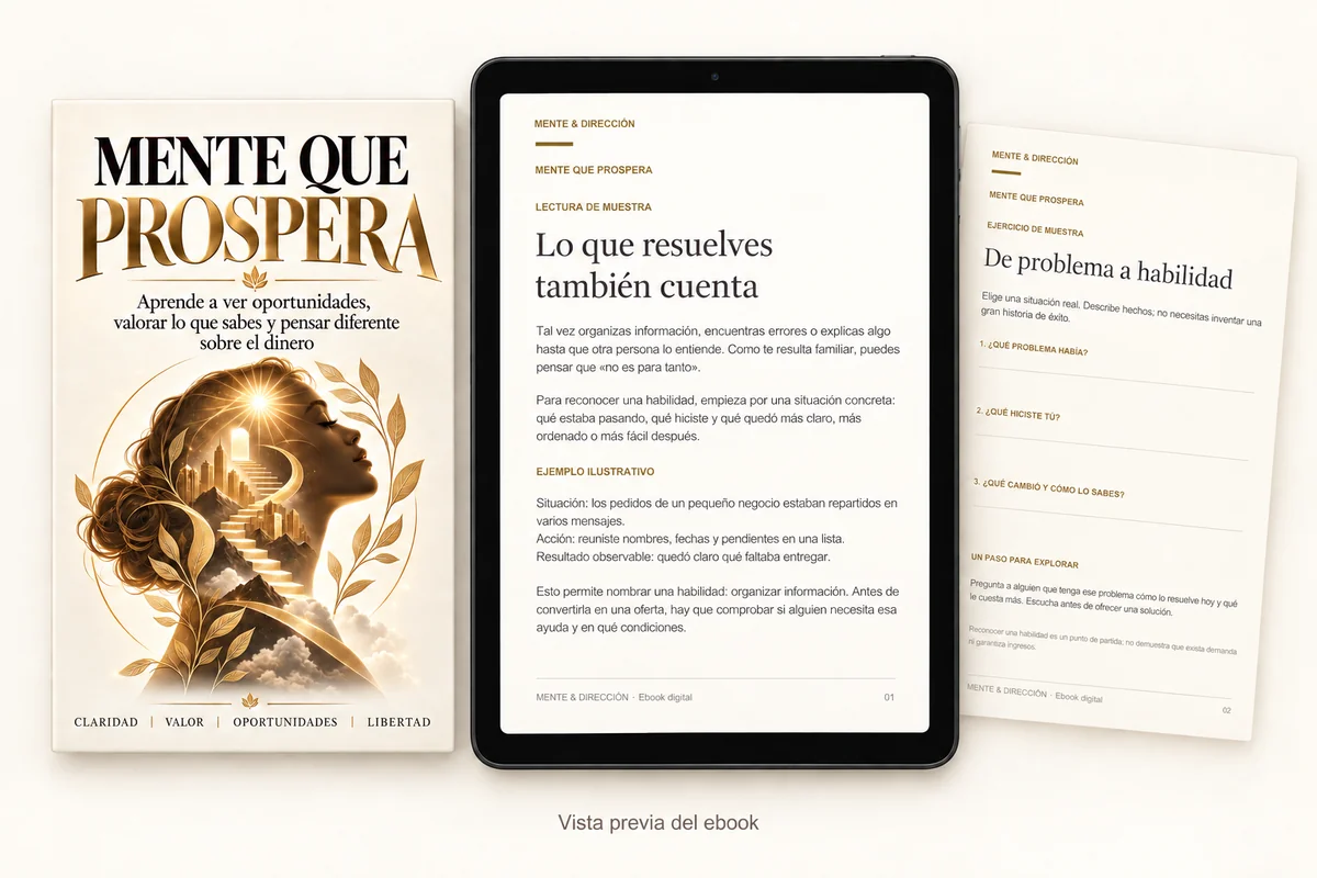 Vista previa de MENTE QUE PROSPERA: portada, lectura Lo que resuelves también cuenta y ejercicio De problema a habilidad